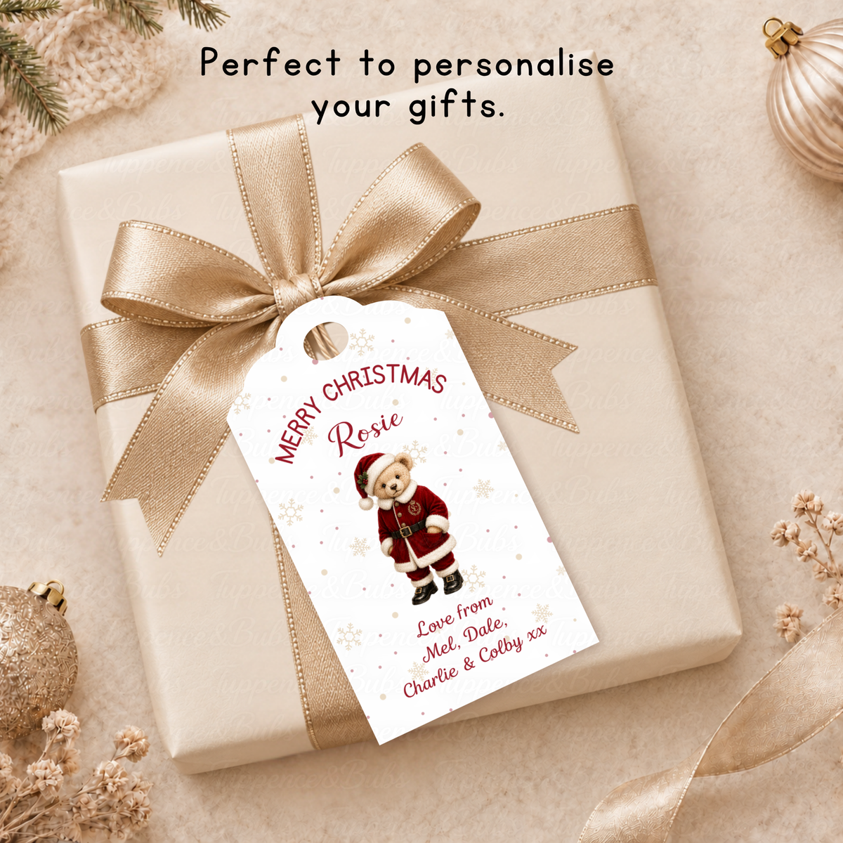 Personalised Santa Teddy Bear Christmas Gift Tags – Pack of 6 with Twine