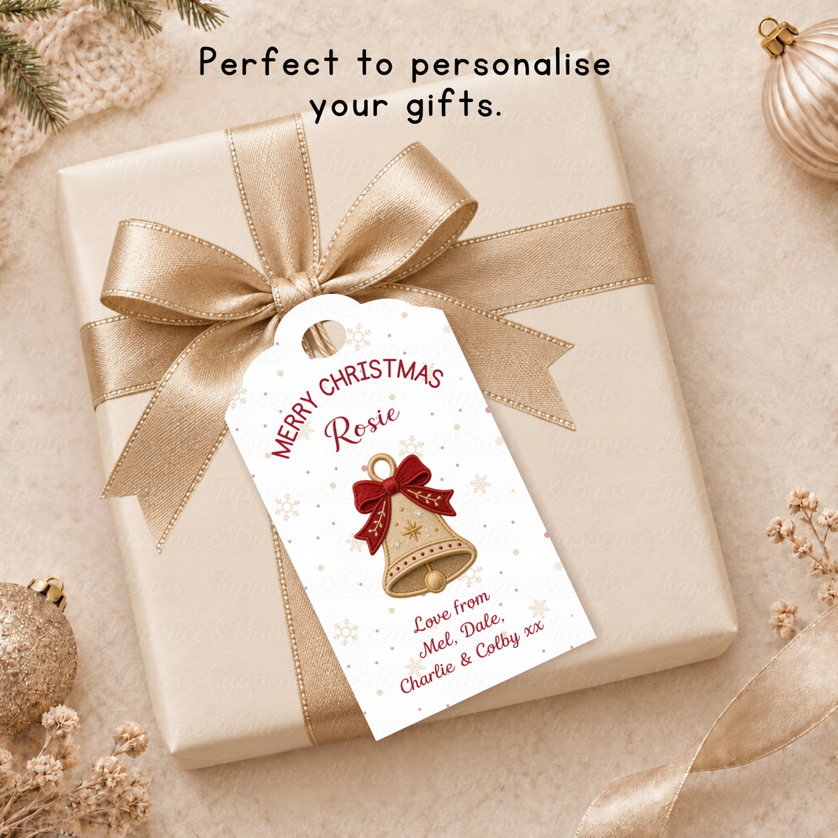 Personalised Gold Bell & Red Bow Christmas Gift Tags – Pack of 6 with Twine