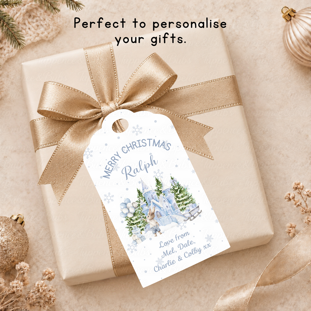 Personalised Christmas Gift Tags – Blue Winter Castle & Bunny
