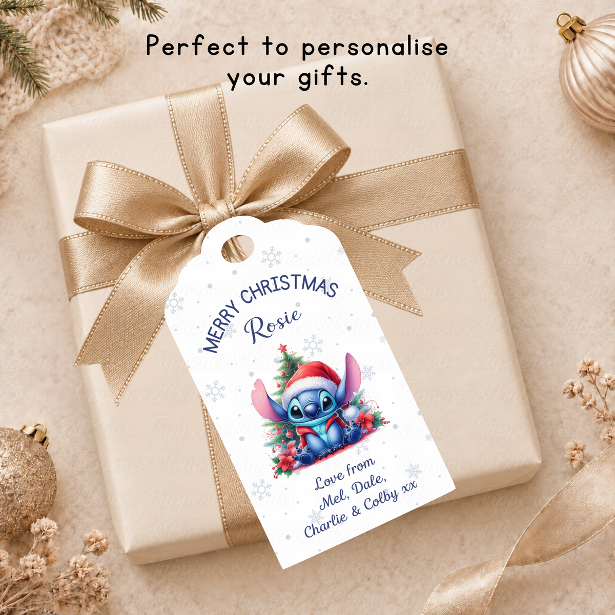 Personalised Stitch Christmas Gift Tags – Santa Hat Design