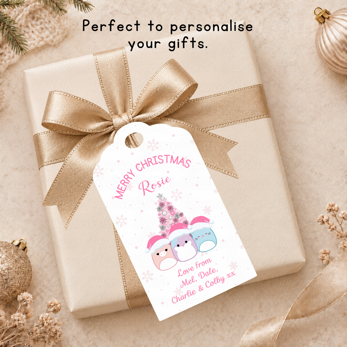 Personalised Squishmallow Christmas Gift Tags – Pink Pastel Design