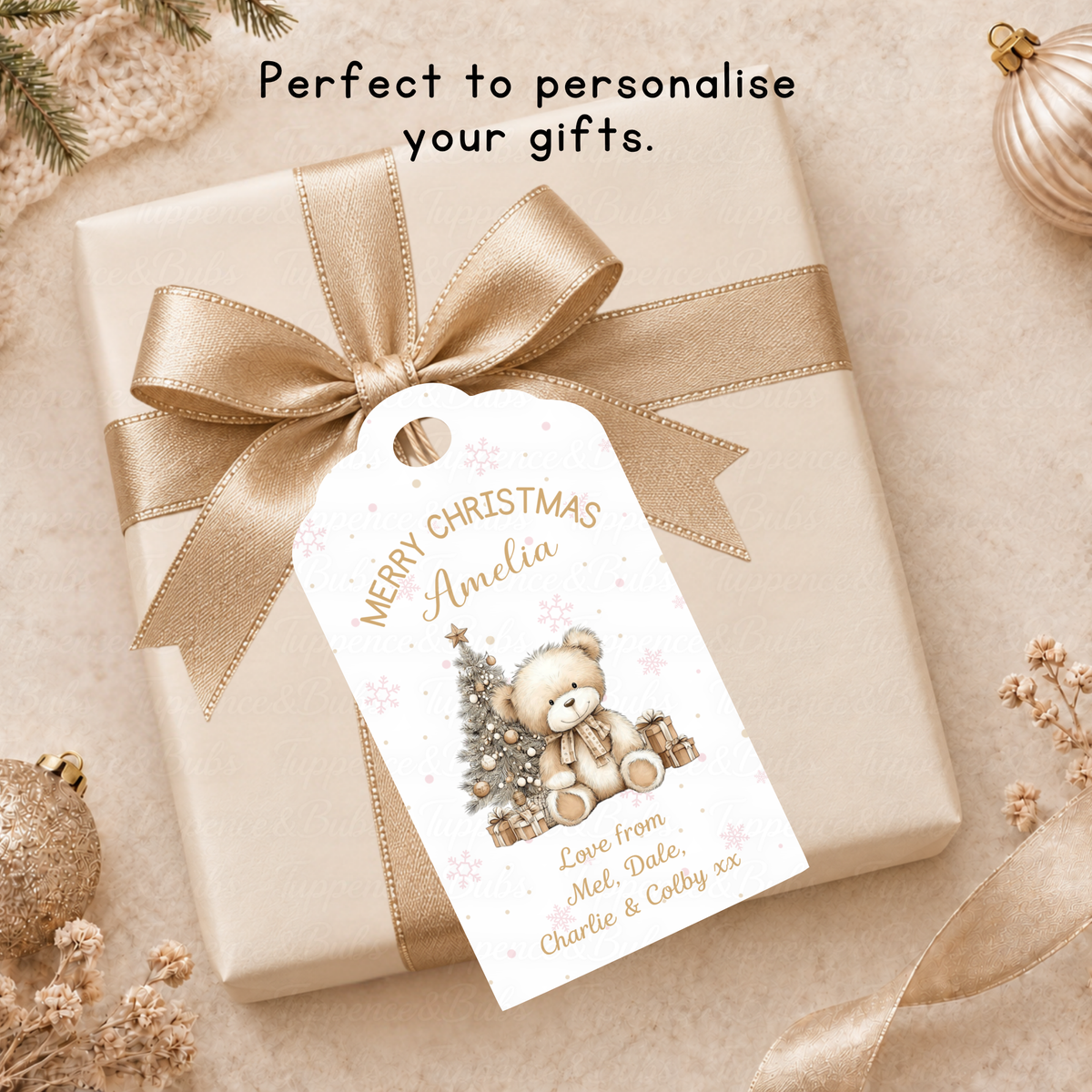Personalised Christmas Gift Tags – Neutral Teddy Bear & Tree