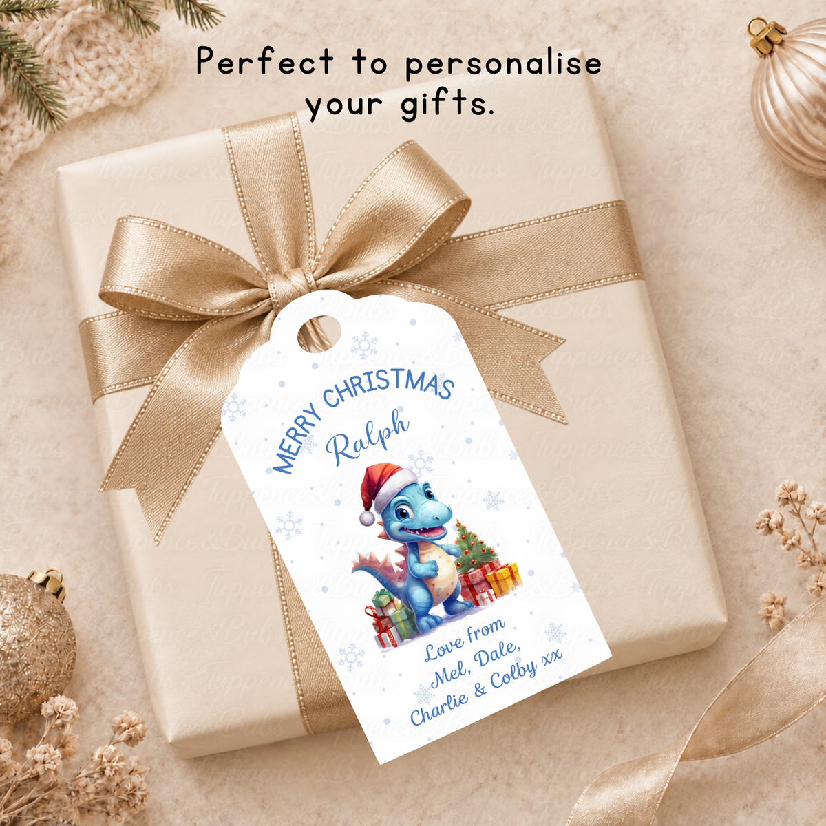 Personalised Blue Dinosaur Christmas Gift Tags