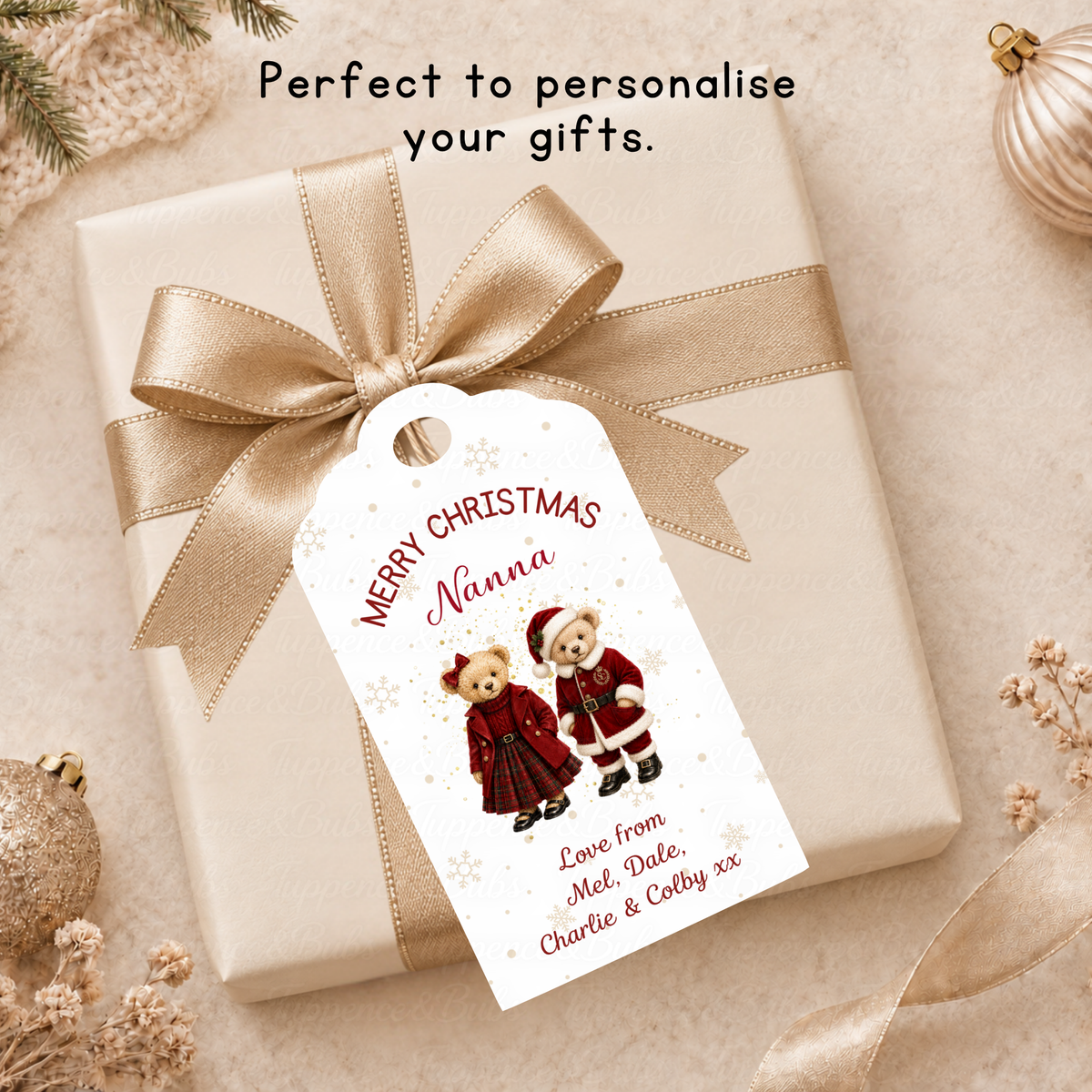Personalised Christmas Teddy Bear Couple Gift Tags – Pack of 6
