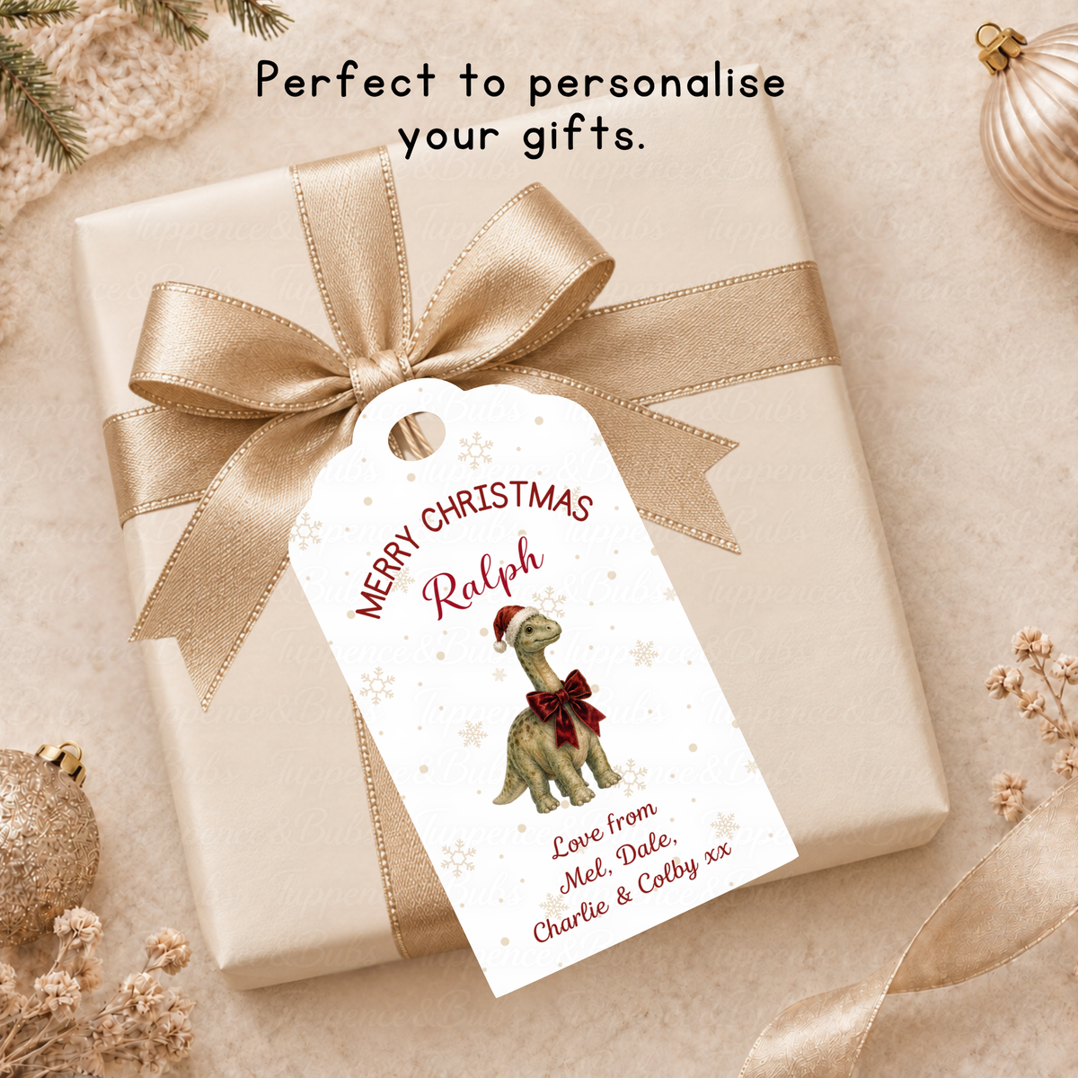Personalised Dinosaur Christmas Gift Tags – Pack of 6