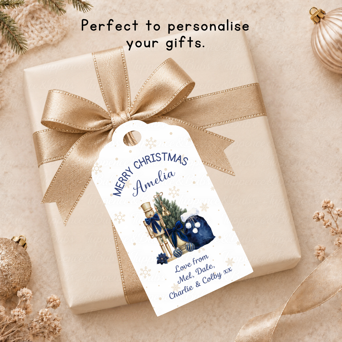Personalised Navy & Gold Nutcracker Christmas Gift Tags – Pack of 6