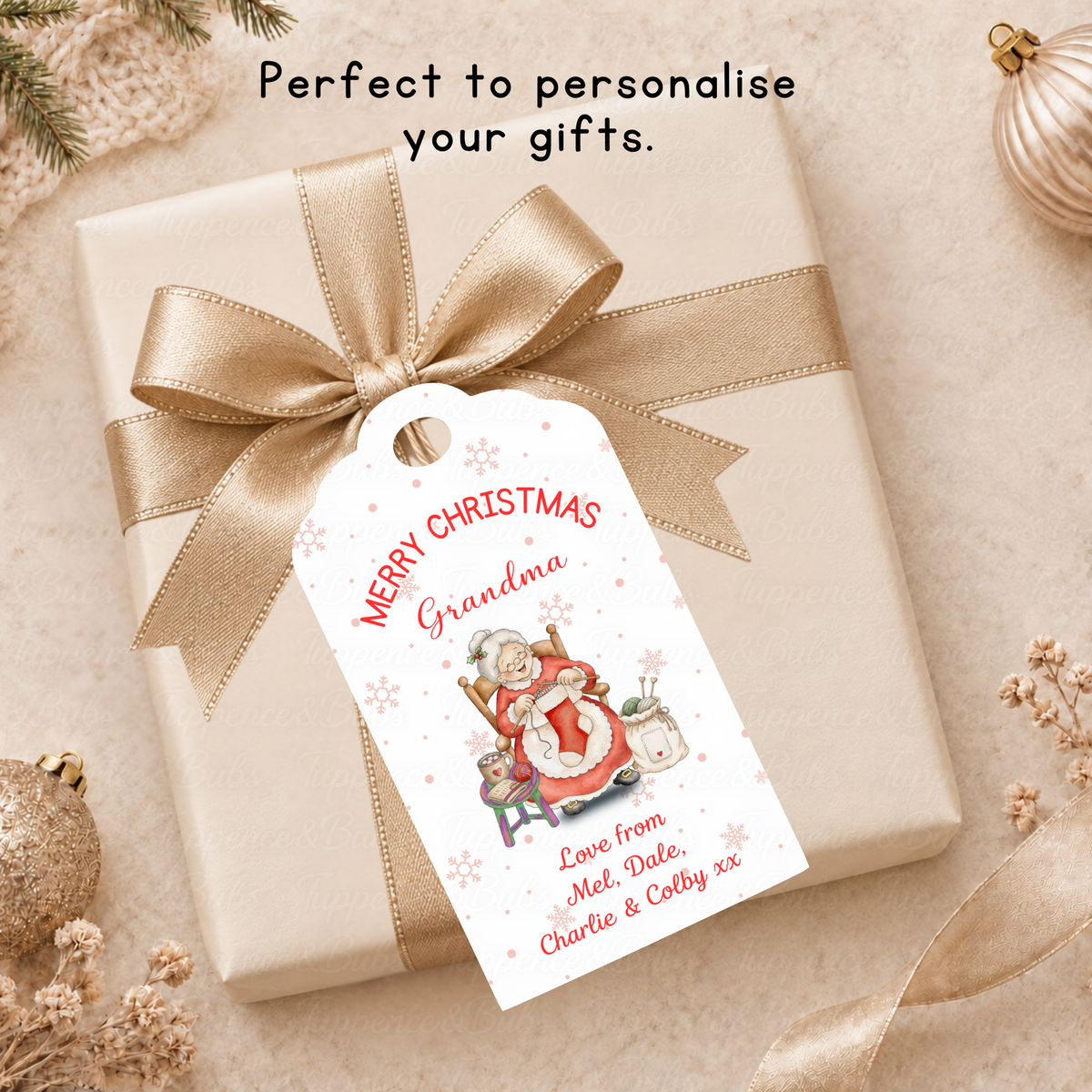 Personalised Knitting Mrs Claus Christmas Gift Tags – Pack of 6