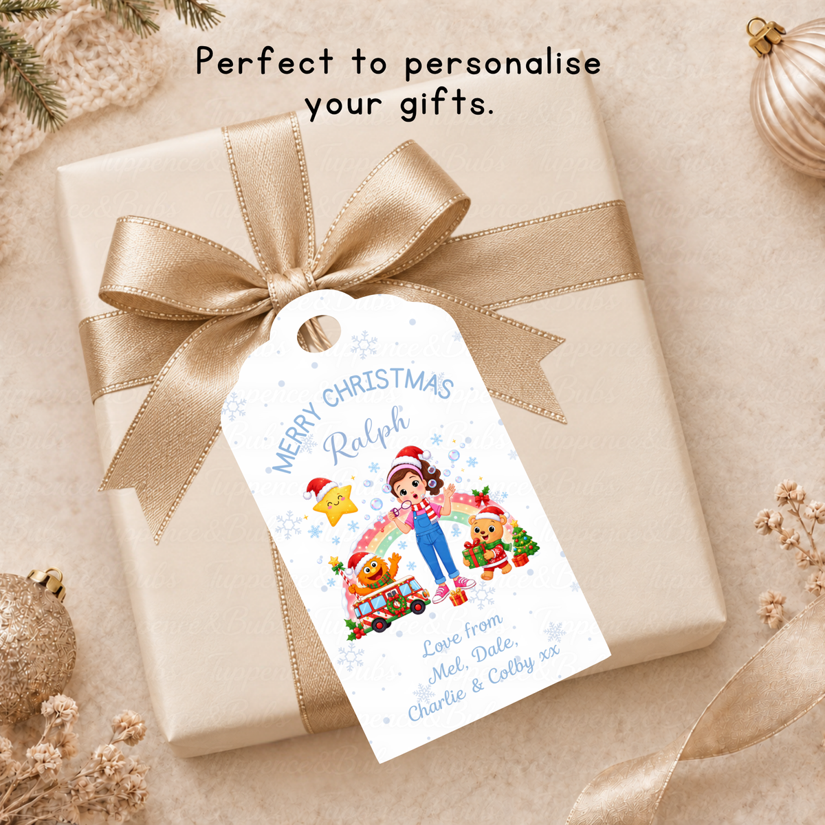 Personalised Pink Rainbow & Festive Friends Christmas Gift Tags – Pack of 6