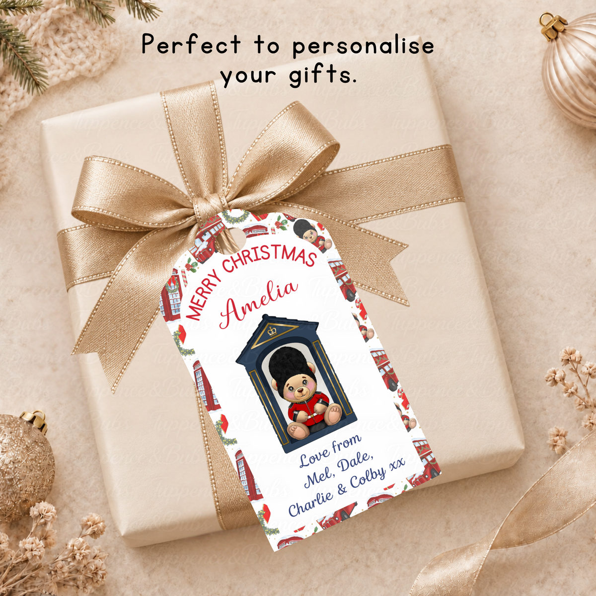 Personalised London Teddy Bear Guard Christmas Gift Tags – Pack of 6