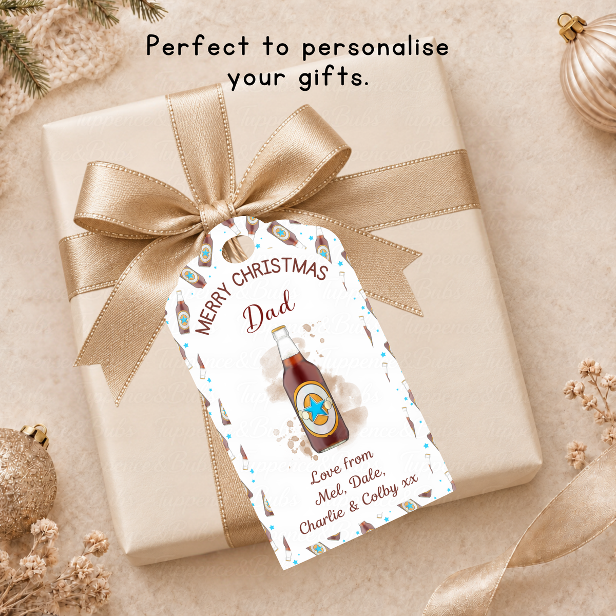 Personalised Beer Bottle Christmas Gift Tags – Pack of 6