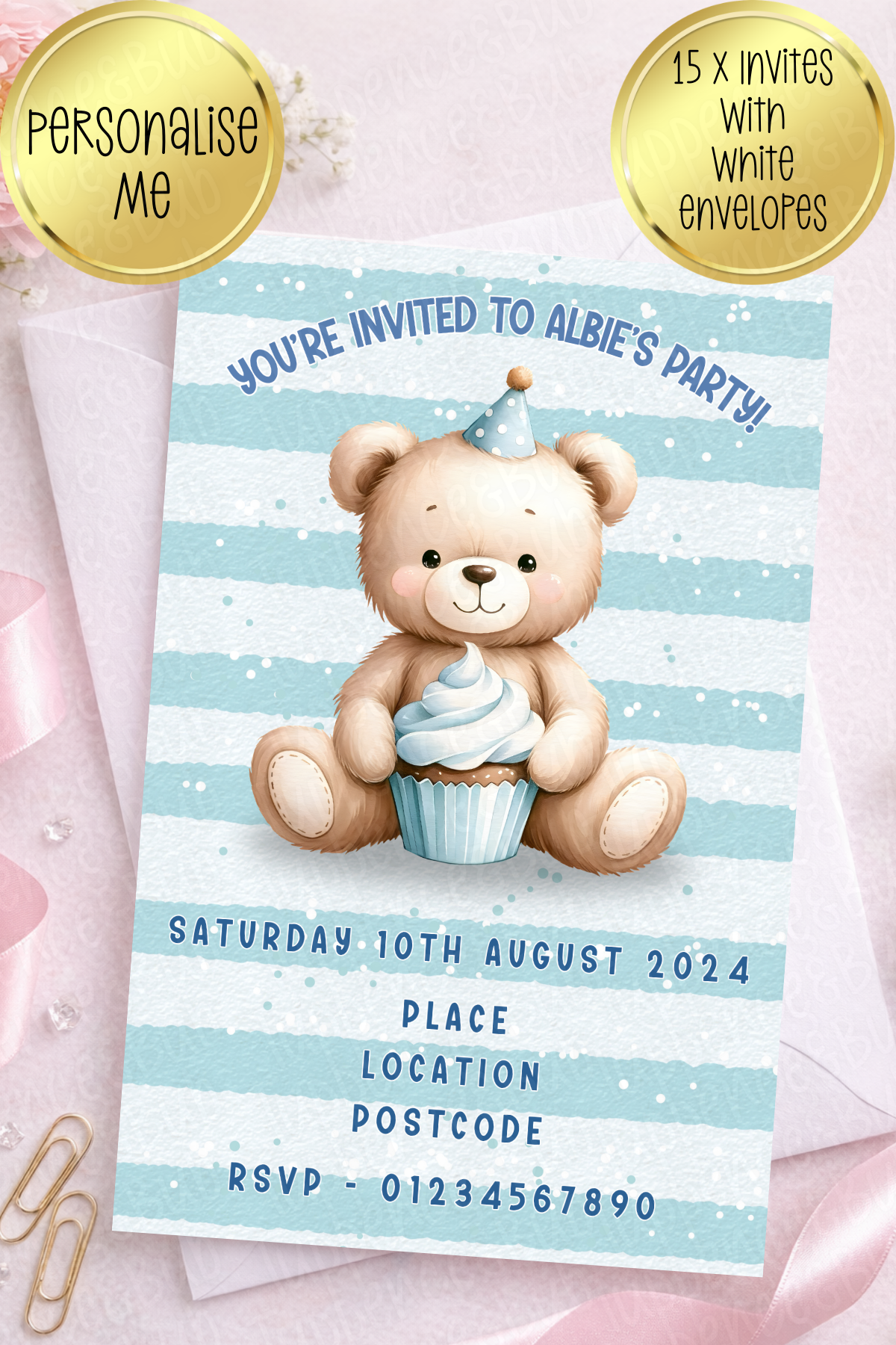 15 x Blue Bear With Cupcake Invitations