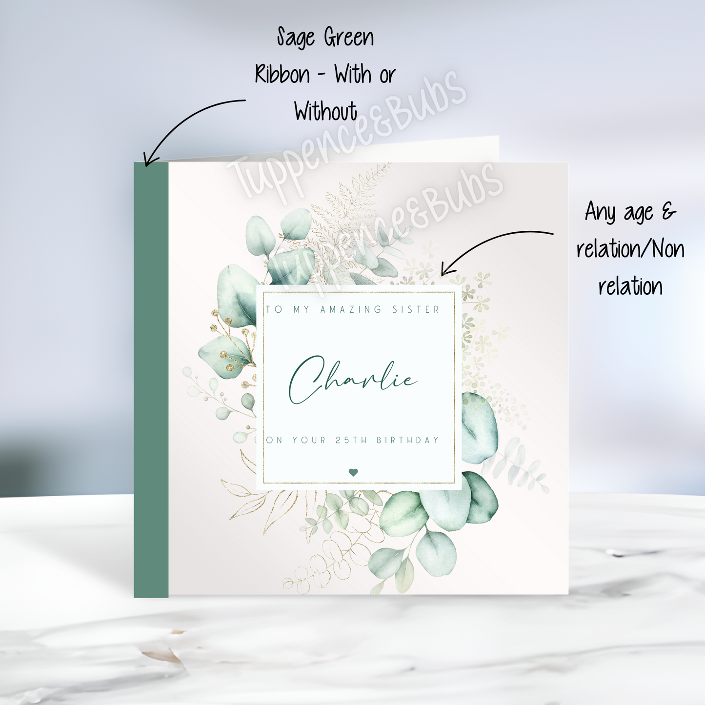 Eucalyptus Themed Birthday Card - Sage Green Ribbon