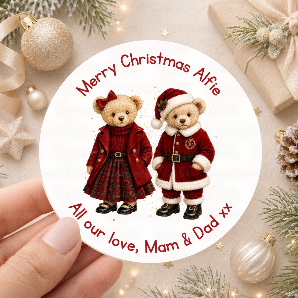 Personalised Christmas Teddy Bear Stickers – Burgundy & Tartan