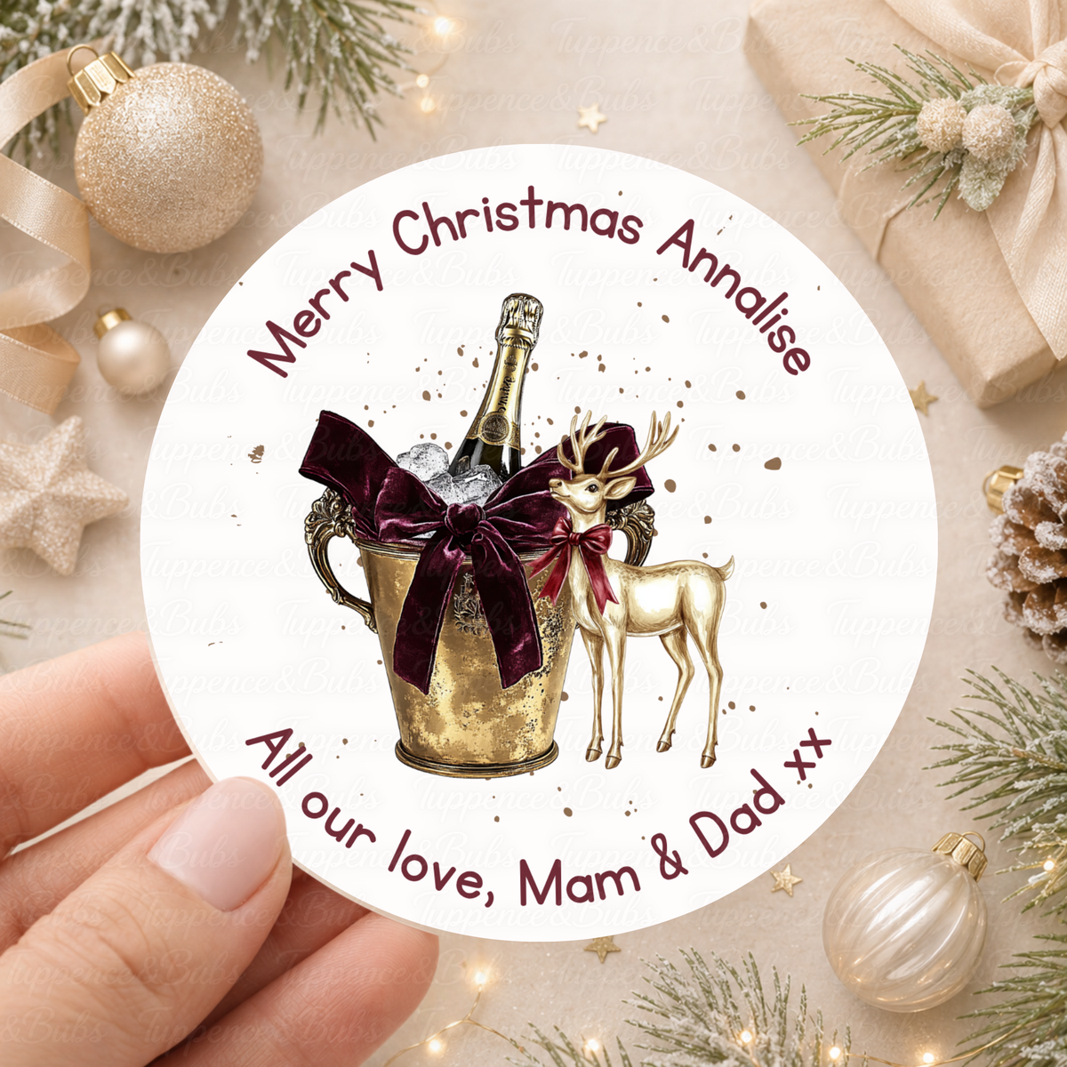 Personalised Champagne and Gold Reindeer Christmas Stickers