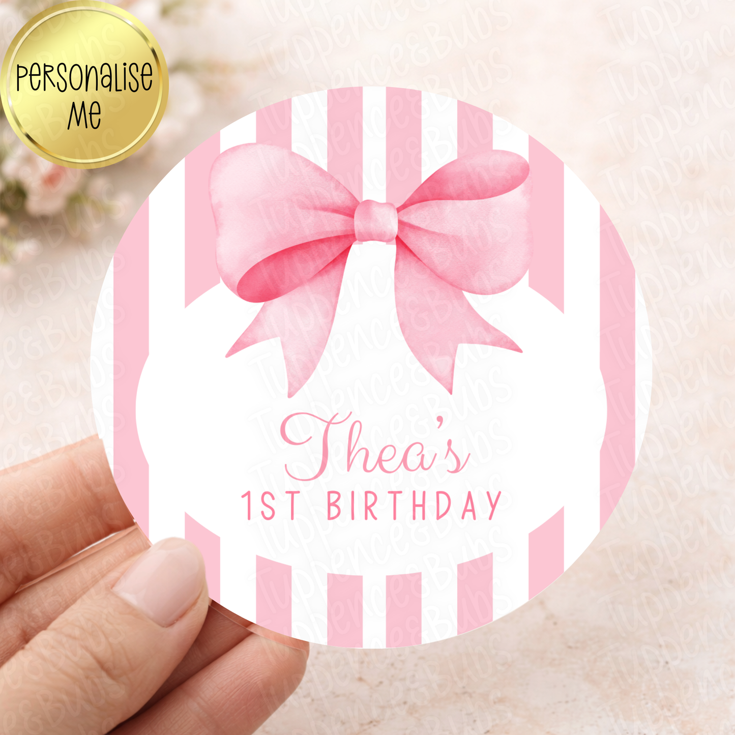 Pink & White Striped Sticker - Any Occasion - Any Name - Any Age