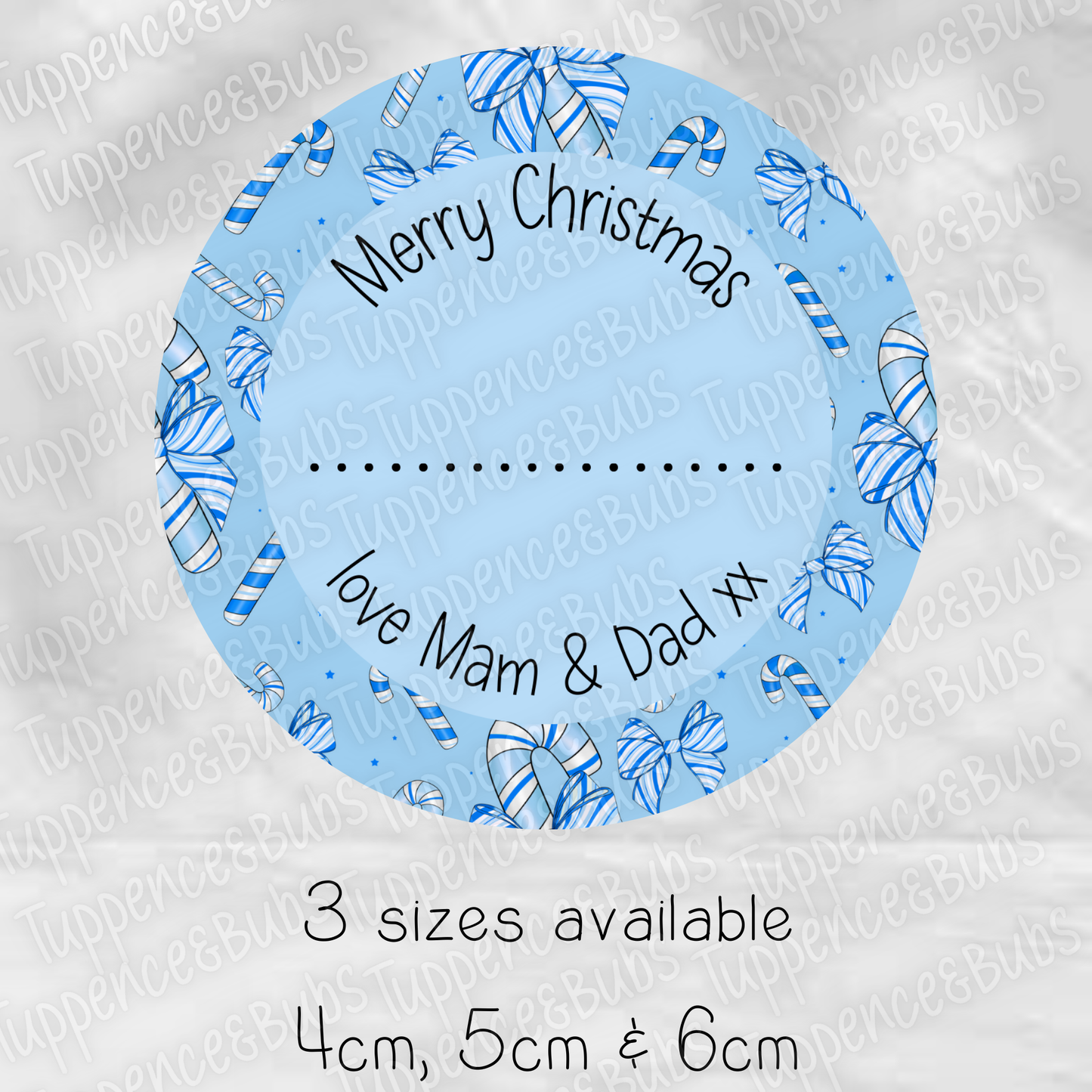 Blue Bow Candy Cane Striped Gift Tags - Circle