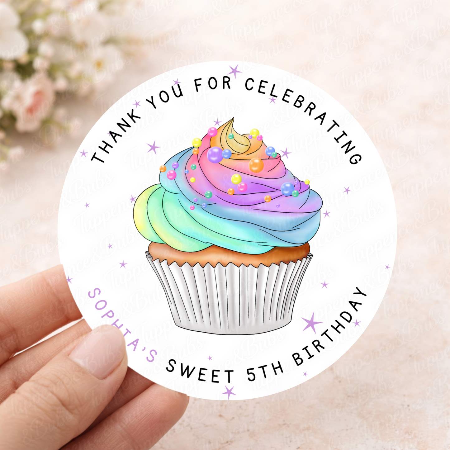 Personalised Rainbow Cupcake Stickers – Birthday Party Labels & Favours