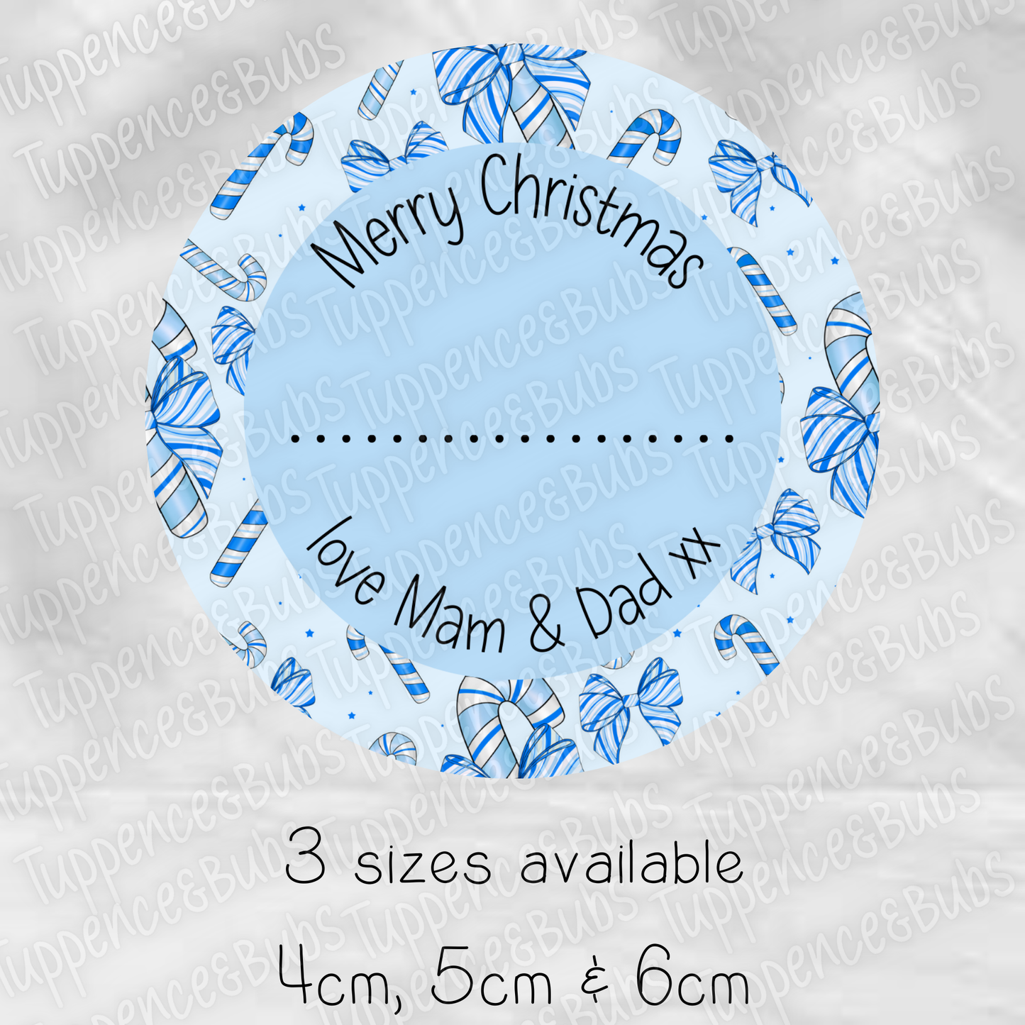 Blue Bow Candy Cane Striped Gift Tags - Circle