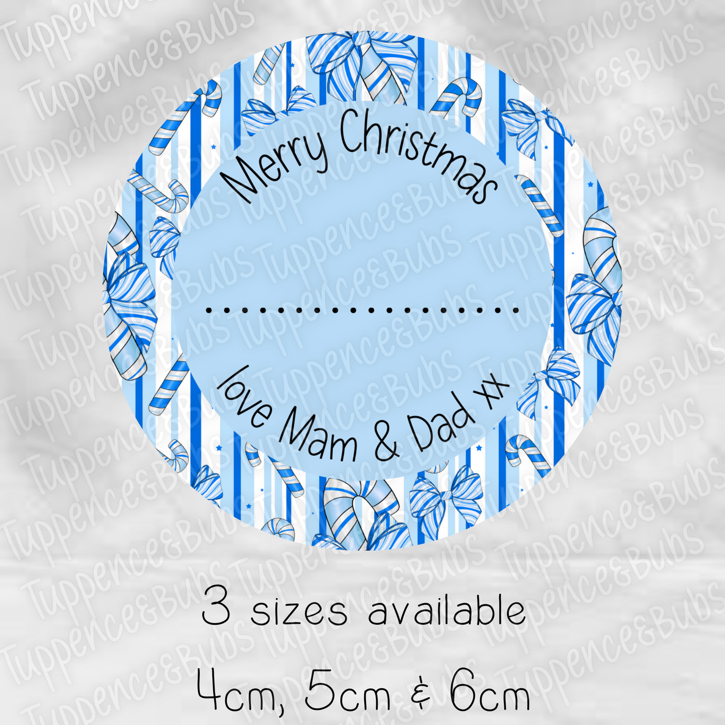 Blue Bow Candy Cane Striped Gift Tags - Circle