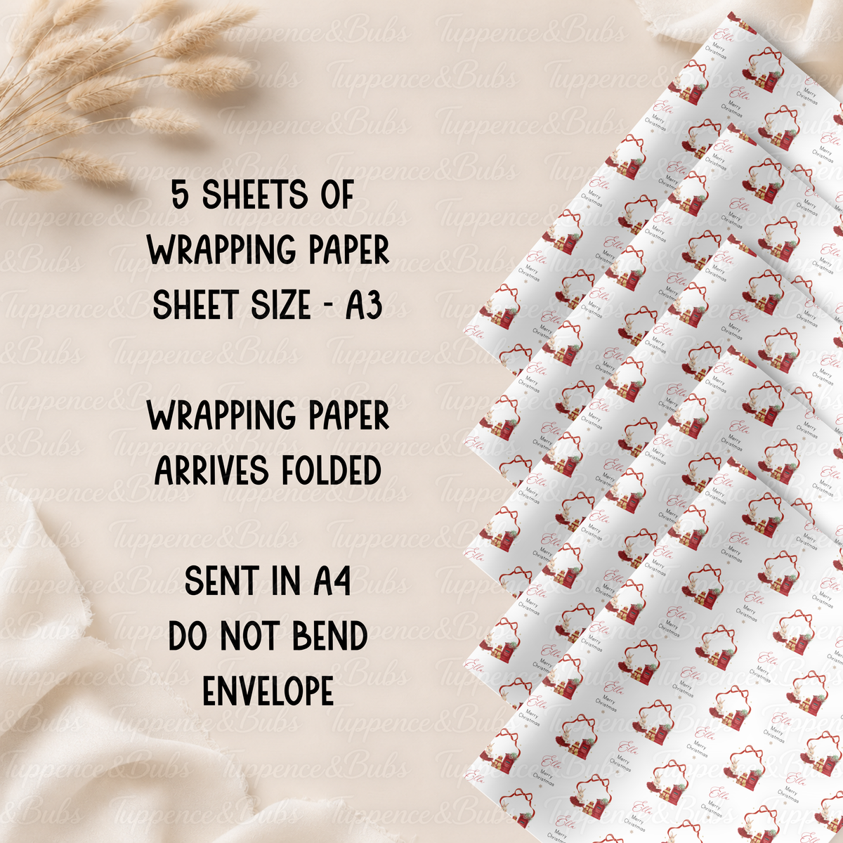Christmas Bunny & Red Postbox Personalised Wrapping Paper – 5 A3 Sheets