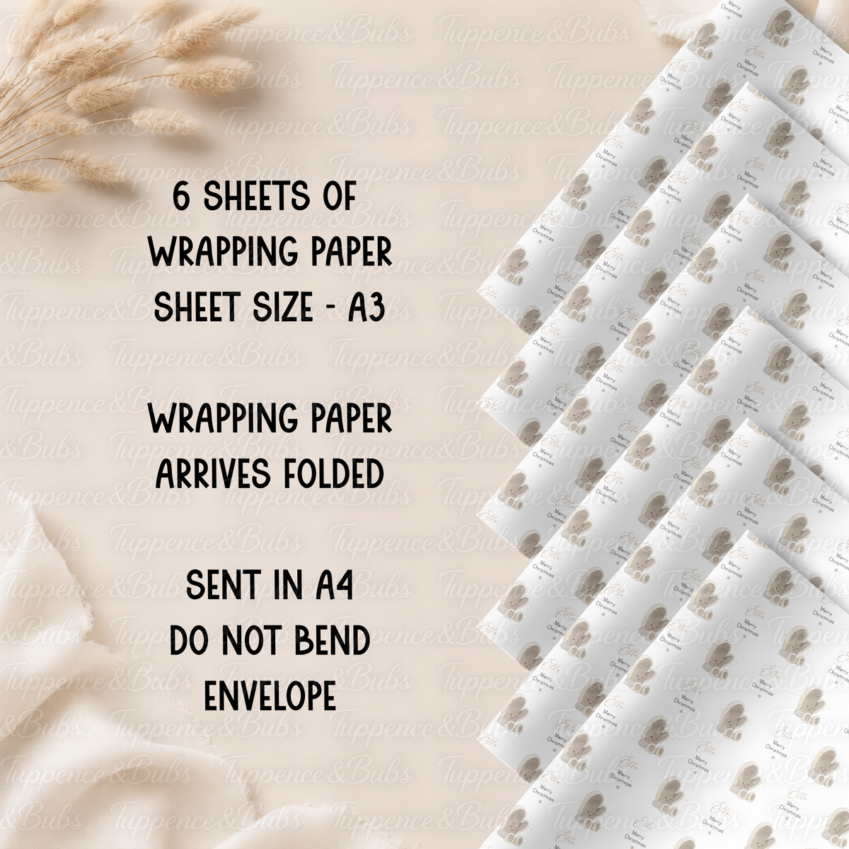 Cute Beige Winter Mittens Personalised Christmas Wrapping Paper – 5 A3 Sheets