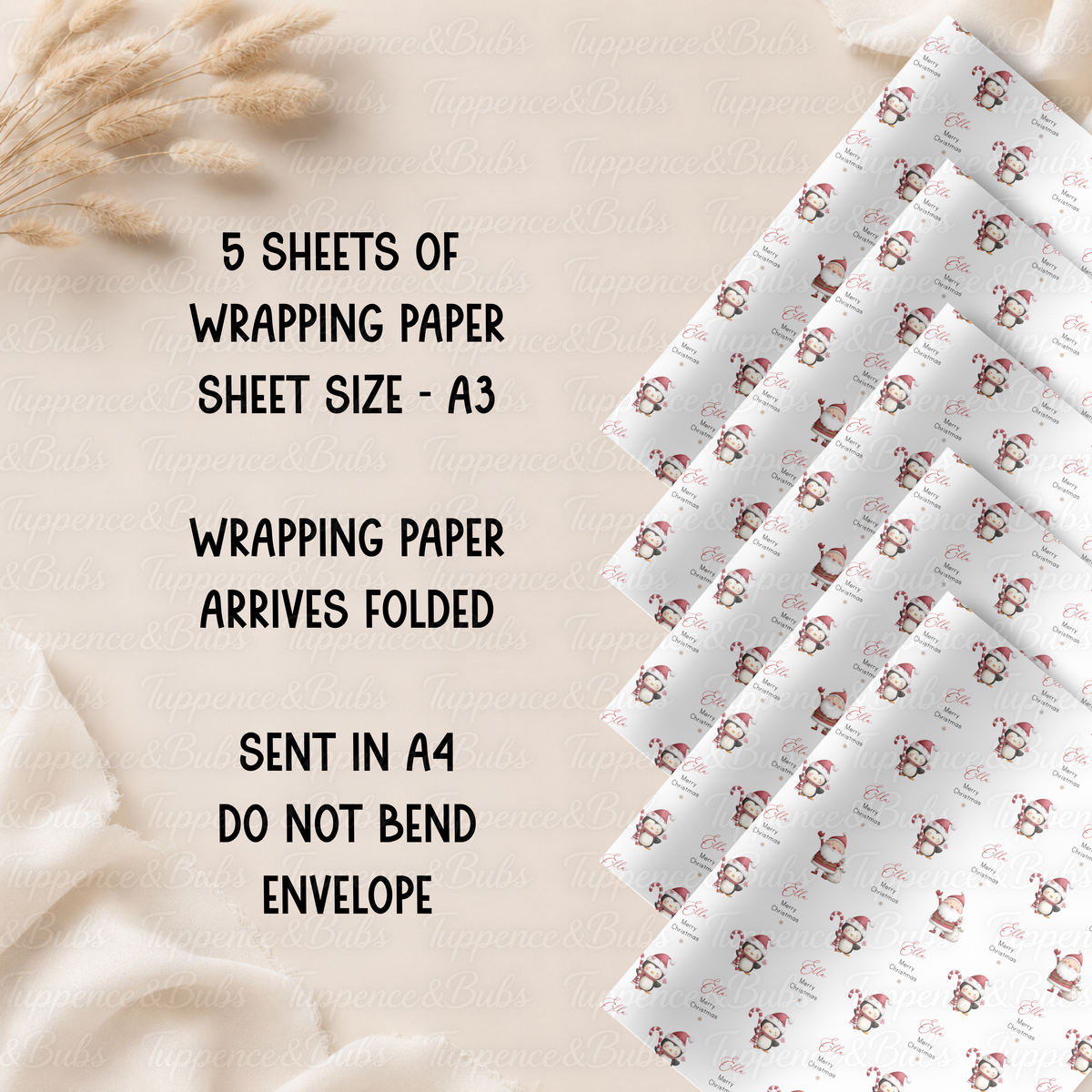 Christmas Penguin & Candy Cane Personalised Wrapping Paper – 5 A3 Sheets