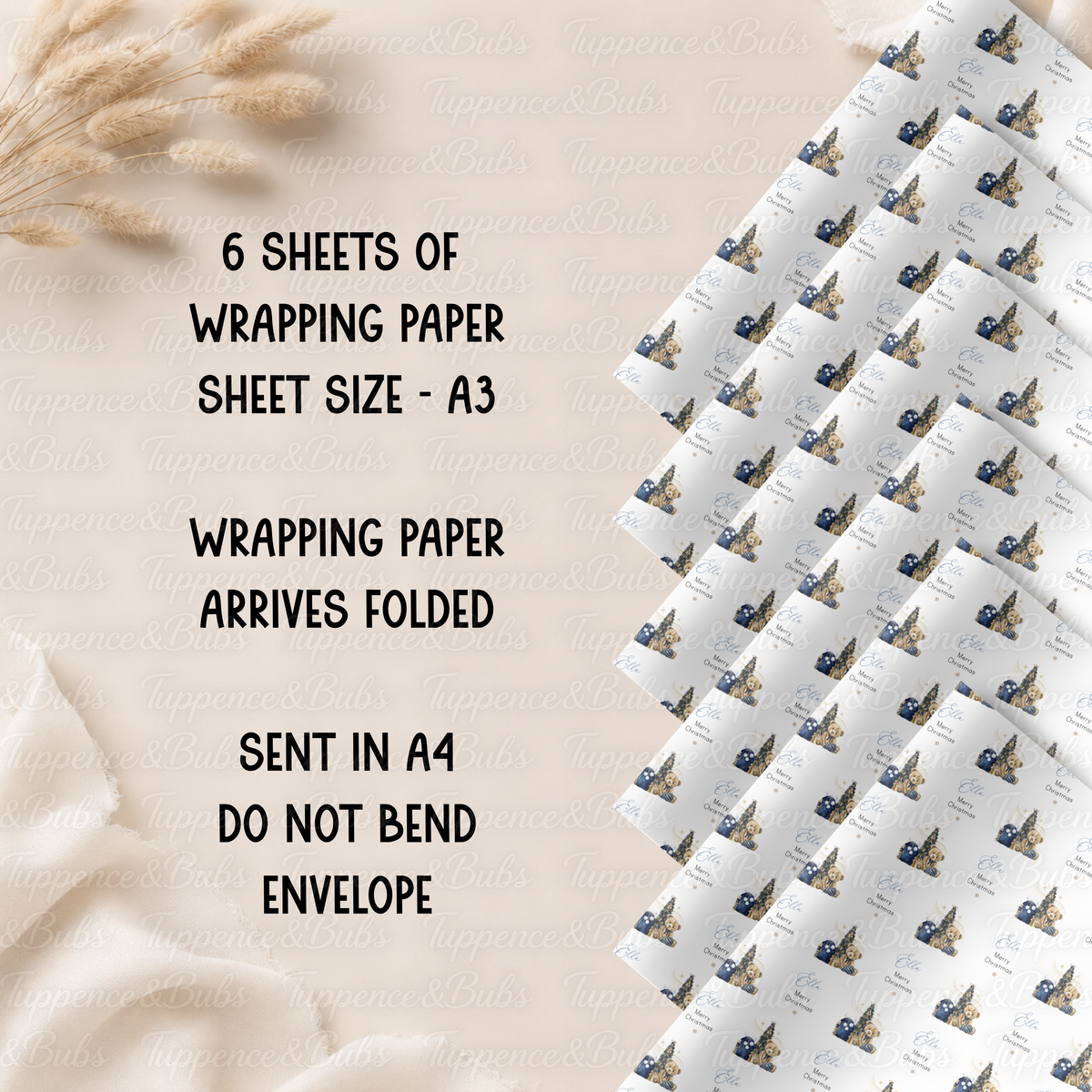 Navy Blue Christmas Teddy Bear Personalised Wrapping Paper – 5 A3 Sheets