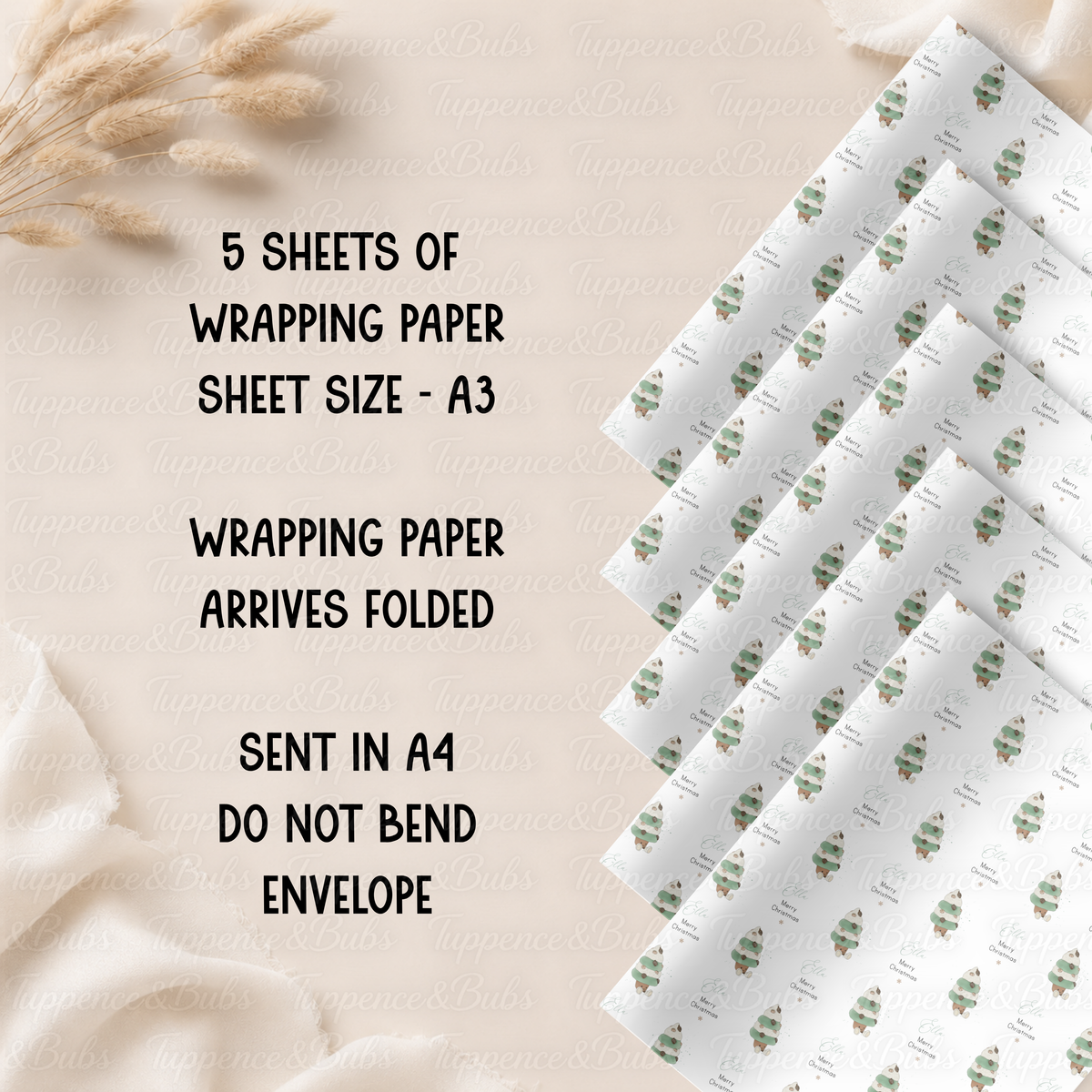 Sage Green Plush Christmas Tree Personalised Wrapping Paper – 5 A3 Sheets