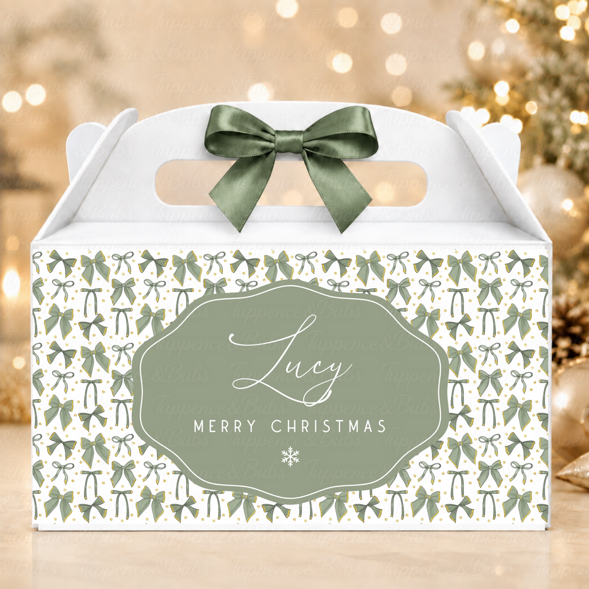 Personalised Sage Green Bow Christmas Gable Box