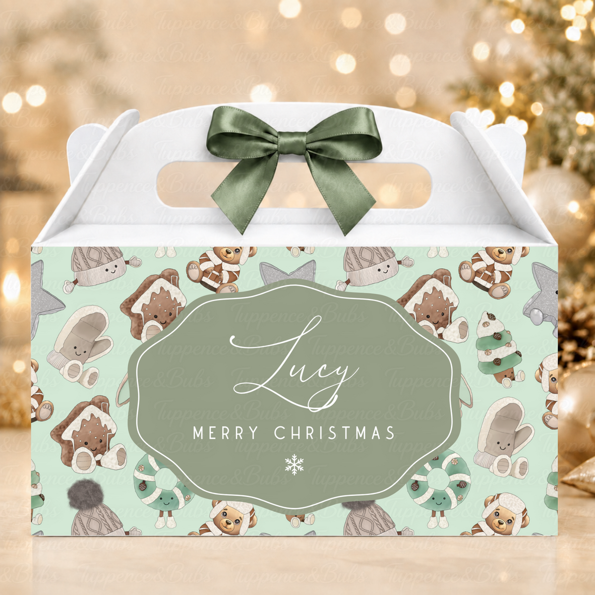 Personalised Christmas Plushies Gable Box – Sage Green Festive Treats