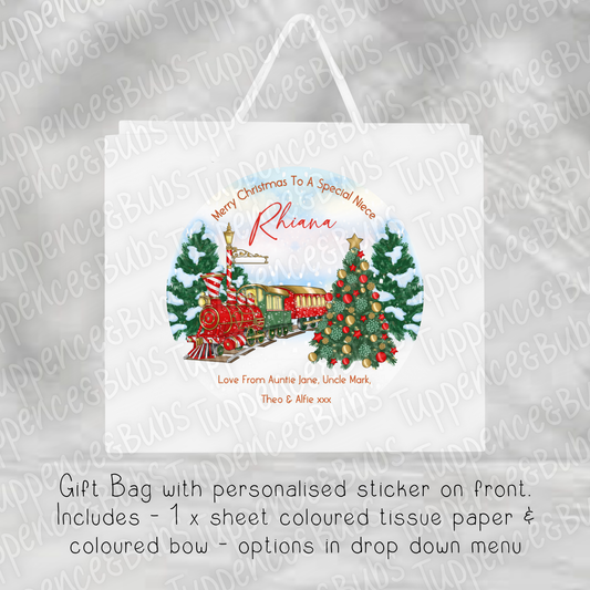 Red, Green & Gold Train Themed Gift Bag