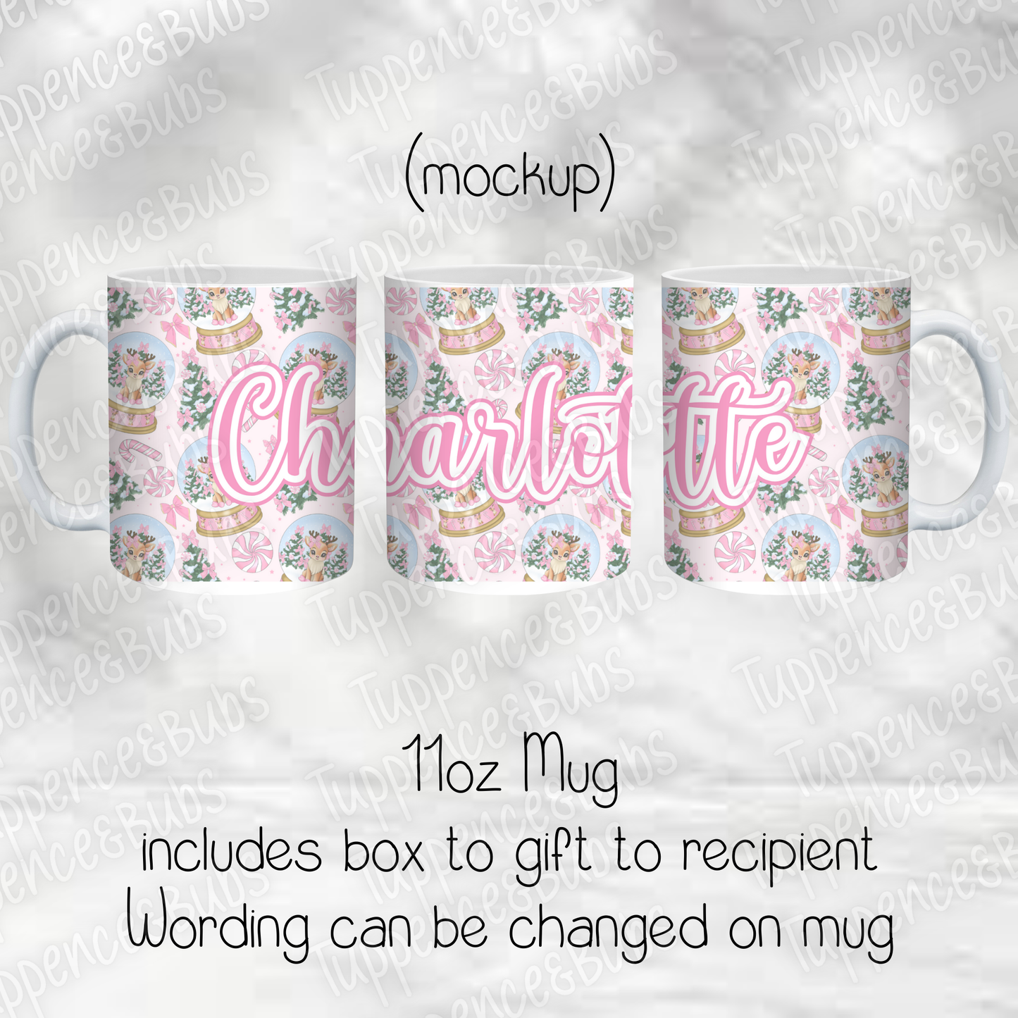 Pink Bow Reindeer Themed Christmas Mug