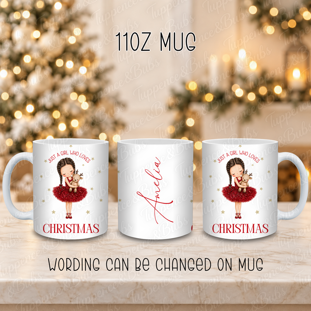 Personalised Girl and Reindeer Christmas Mug with Custom Wording