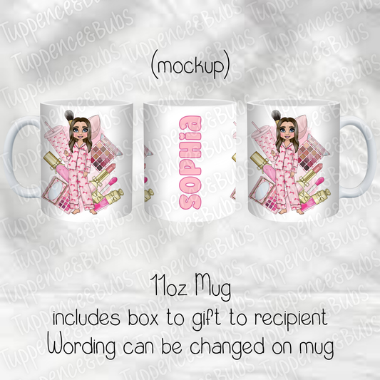 Pink Bow Striped Pj's Makeup Themed Mug