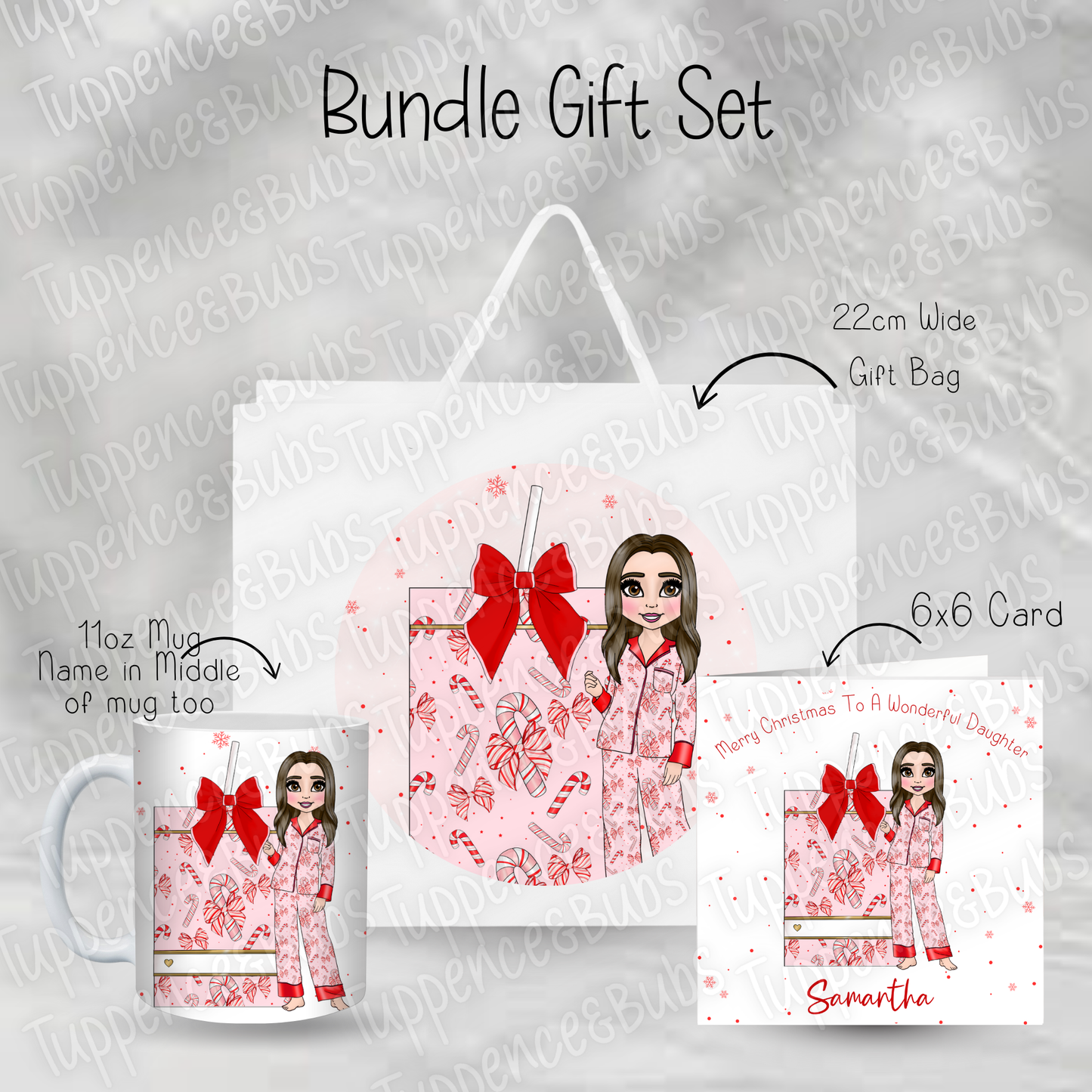 Red Bow or Candy Cane Gift Set - Mug, Card & Gift Bag