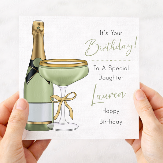 Personalised Champagne & Cupcake Birthday Card – Sage Green Design