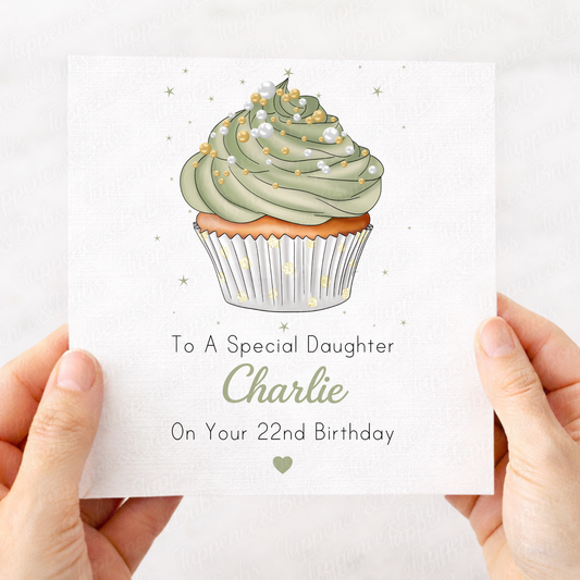 Personalised Sage Green Cupcake Birthday Card – Elegant Design