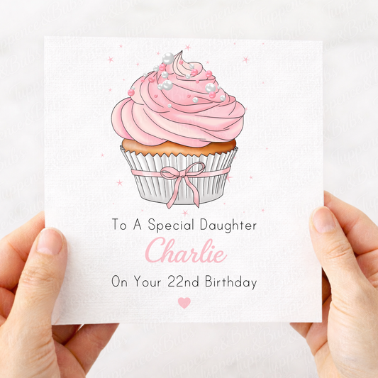 Personalised Pink Cupcake Birthday Card – Elegant Design