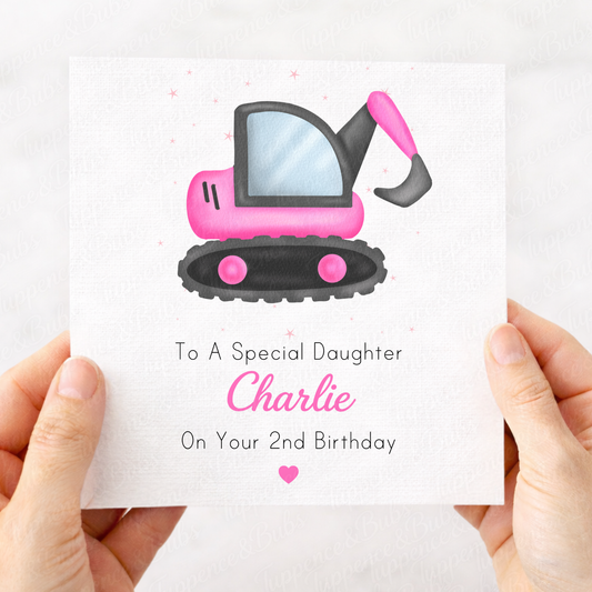 Personalised Digger Birthday Card – Pink Construction Design