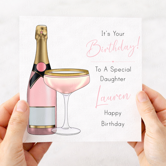 Personalised Pink Champagne & Cupcake Birthday Card – Elegant Design