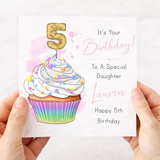 Personalised Rainbow Cupcake Birthday Card – Any Age Design