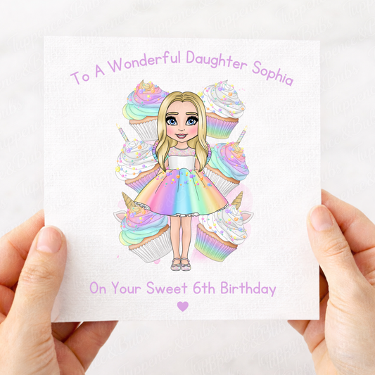Personalised Rainbow Cupcake Birthday Card – Custom Girl Design