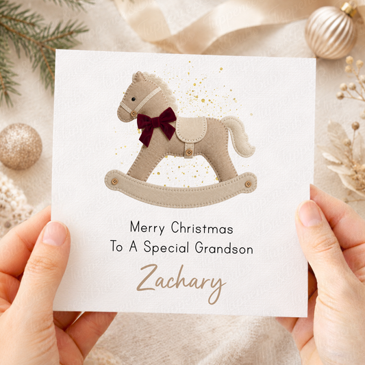 Personalised Christmas Rocking Horse Card – Bow Design