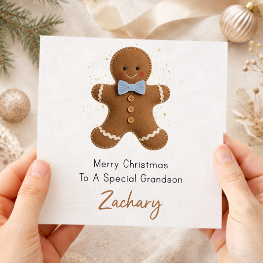 Personalised Christmas Gingerbread Man Card – Bow Design