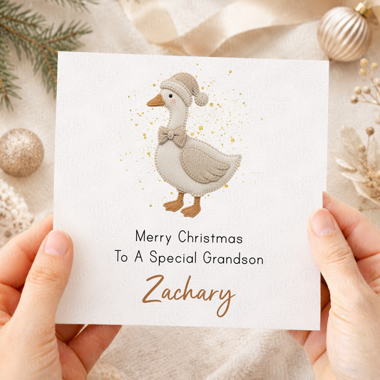 Personalised Christmas Goose Card – Santa Hat & Bow Design