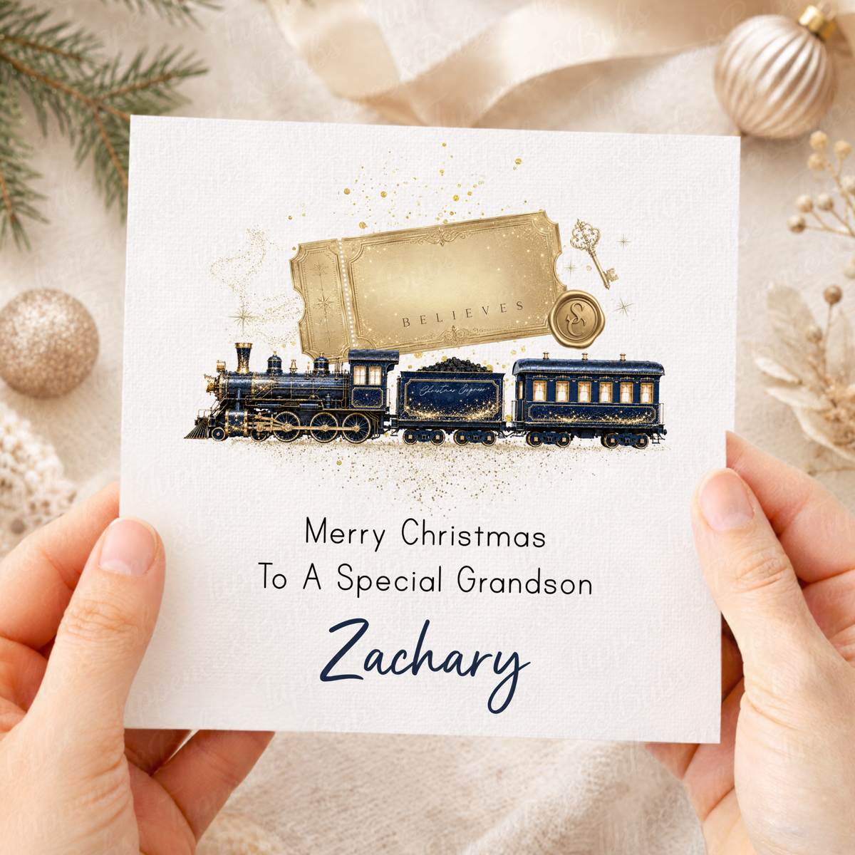 Personalised Christmas Train Card – Golden Ticket Design