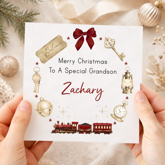 Personalised Christmas Train Wreath Card – Bell, Key & Golden Ticket Design