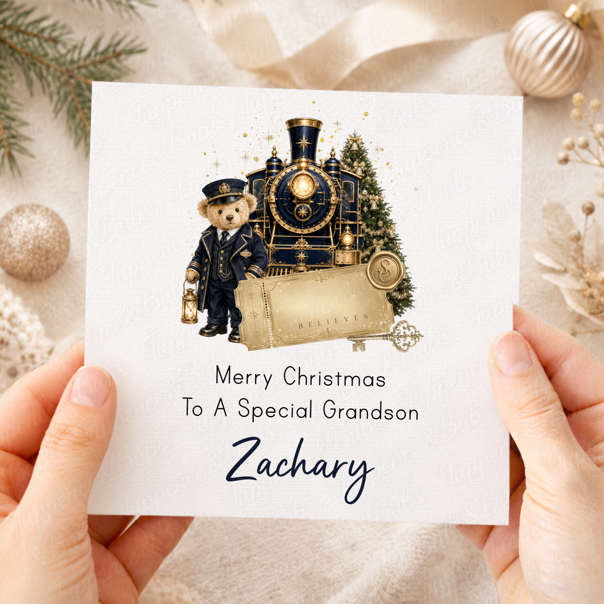 Personalised Christmas Train Card – Train Conductor & Golden Ticket Christmas Card