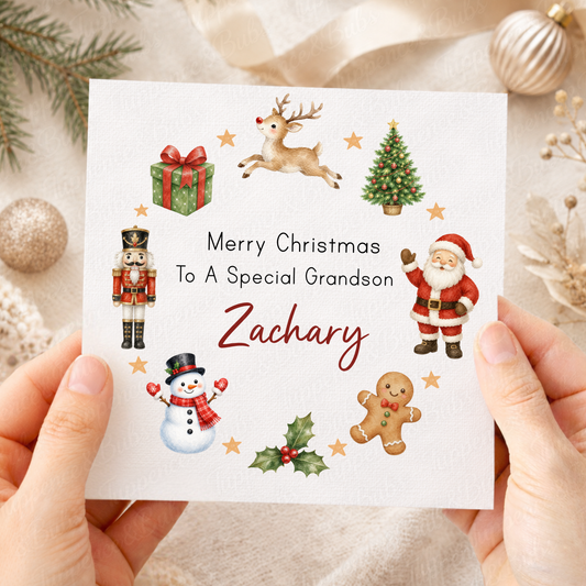 Personalised Christmas Wreath Card – Santa, Reindeer & Nutcracker Design
