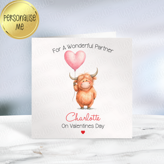 Highland Cow With Pink Balloon Valentine's Card - 4 Designs